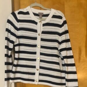 Chico's black and White Striped Button-Front Cardigan